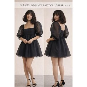 Selkie Organza Babydoll Dress Caviar Black Puff Sleeve Mini Dress Size L